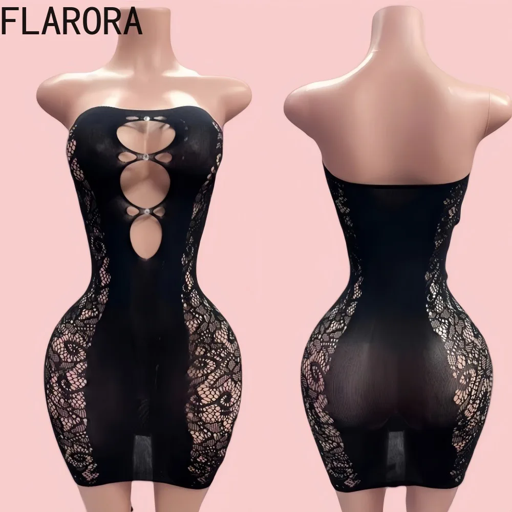 

FLARORA Sexy Hollow Out Mini Dreeses Woman Solid Mesh See Through Sleeveless Bodycon Dress Ultra Hot Midnight Clubwear Vestidos