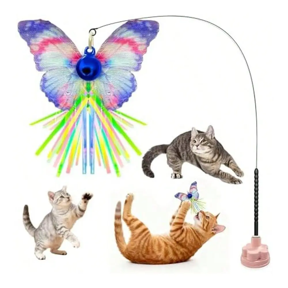 

Interactive Cat Wand Toy With Butterfly Attachments, 3Pack Cat Teaser Wands With Stable Base, HandsFree SelfPlay Indoor Exercis