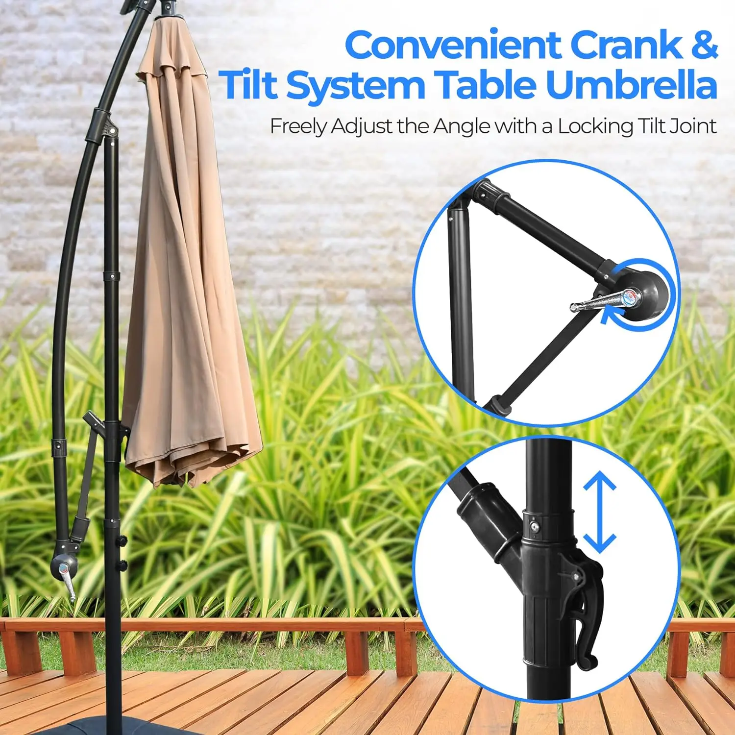 360° Rotation-8 Sturdy Steel Ribs Patio Market Hanging Umbrellas with 24 LED Lights, Tilting and Cross Base