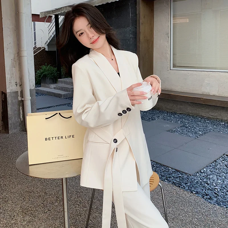 قطعتين مجموعات ملابس النساء ربيع جديد الصلبة بدوره إلى أسفل طوق كم طويل الدانتيل متابعة السترة معطف واسعة الساق فضفاض بانت الدعاوى Y2k #2