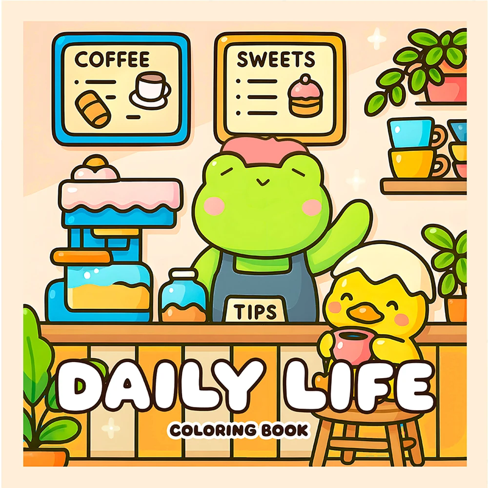 DAILY LIFE Adult Coloring Book Cute Daily Life Cartoon Bold-Easy Patterns Stress Relief Relaxation Graffiti Painting Drawing