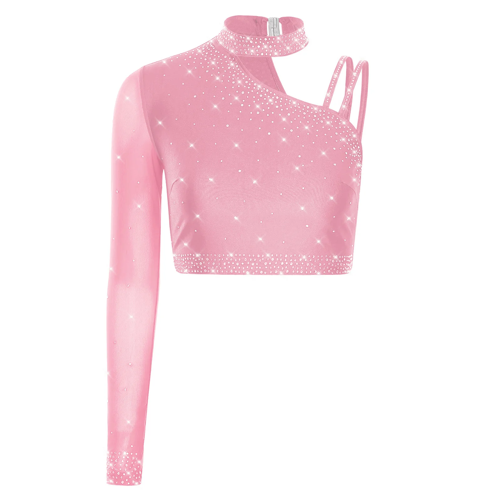

Women Latin Figure Skating Dance Crop Shirts Single Long Sleeve Rhinestones Top for Ballet Gym Modern Dance Performance Costume