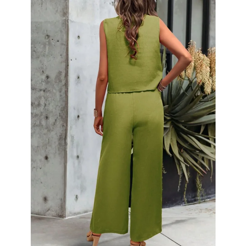 Women's 2024 Spring/Summer Casual Sleeveless Crop Top & Wide Leg Pants Set Temperament Commuting Female Fashion Trousers Outfits
