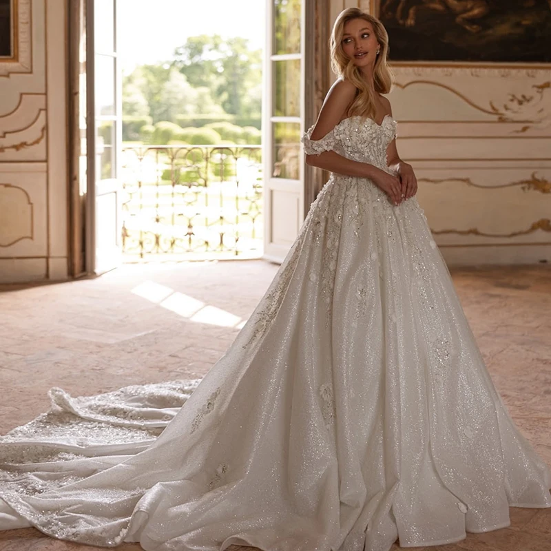 Vestido De Novia con purpurina De Organza con cuentas bordadas, Vestido De baile De flores 3d con cuello vuelto, Vestido De Novia personalizado sin mangas