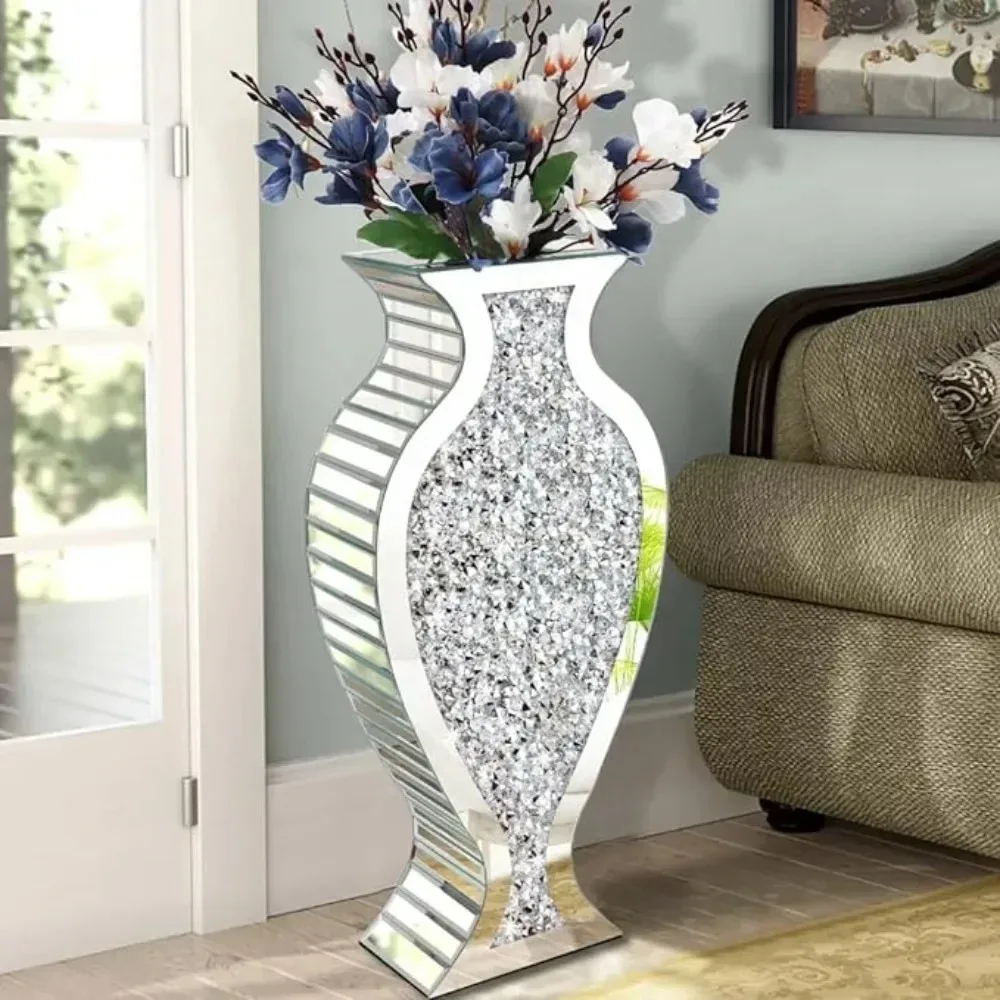 

High Floor Vase, S Diamond Mirror Vase, Crystal Silver Glass Decorative Mirror, Large Vase Luxury