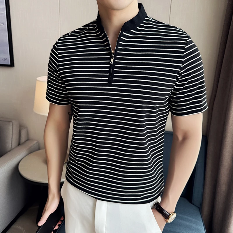 Men Chinese Style Standing Collar Striped Polo Shirt 2024 Summer Item Light Thin Casual Elastic Slim Fit Short Sleeved T-shirt