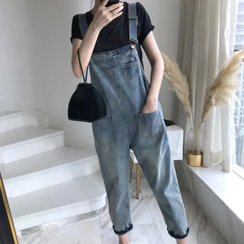 

Denim Pockets Casual Trousers Loose Women Suspender Overall Dungarees Ninth Trousers