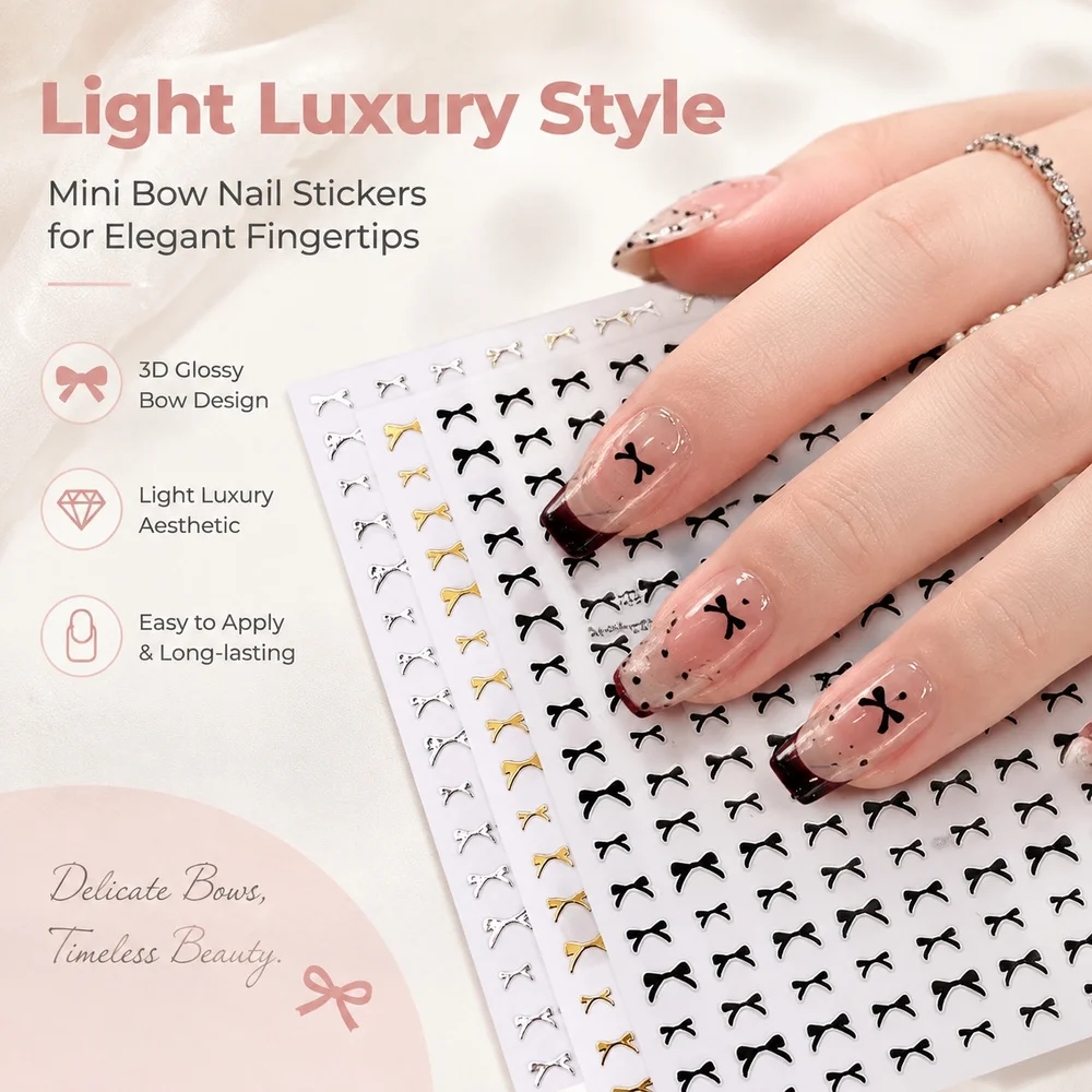 4 Sheets Tiny Ribbon Bow Nail Stickers Set Self‑Adhesive Mini Bow Decals Metal Foil For Professional Nail Salon Manicure Craft