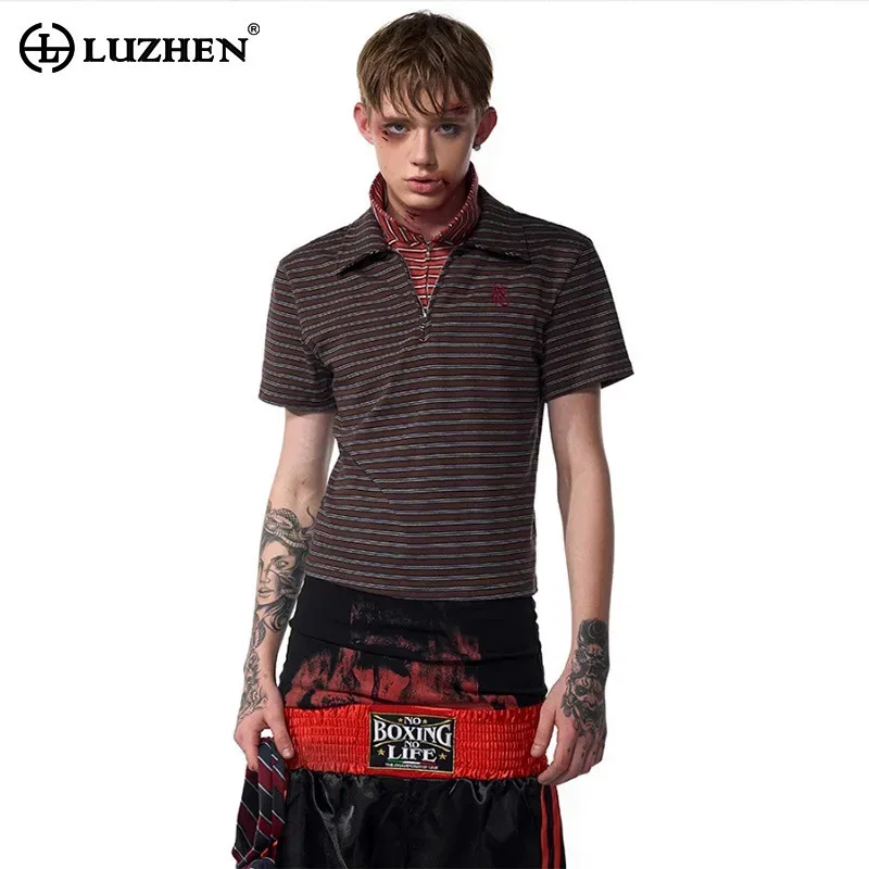 

LUZHEN 2025 Summer New Stripe Printed Polo Neck Short Sleeve T-shirt Men's Fashion Handsome Slim Tops Male Casual Clothes JY2906