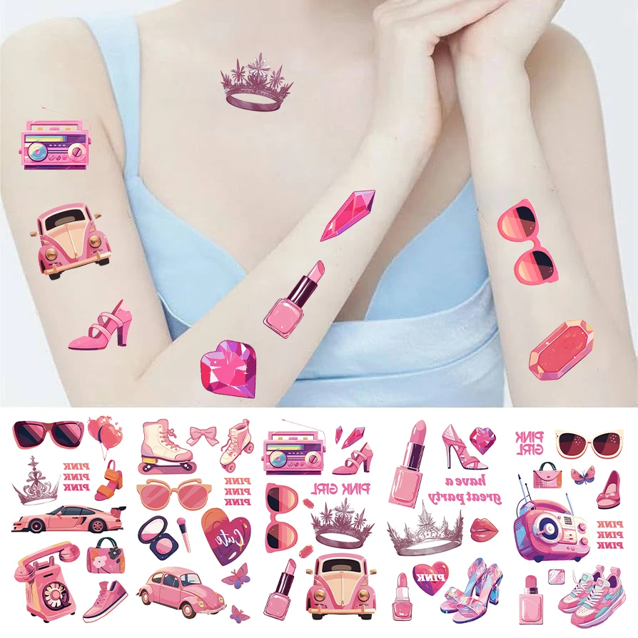 10pcs Pink Girls Party Waterproof Temporary Tattoo Sticker Cartoon Colorful Tatto For Kids Arm Body Art Fake Tattoos﻿