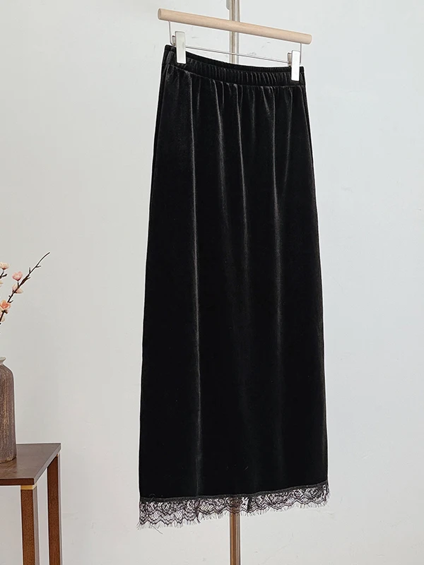 

Ретро-юбка А-силуэта из бархата с кружевными вставками в китайском стиле, больших размеров, женская, свободного кроя, с завышенной талией, для осени и зимы