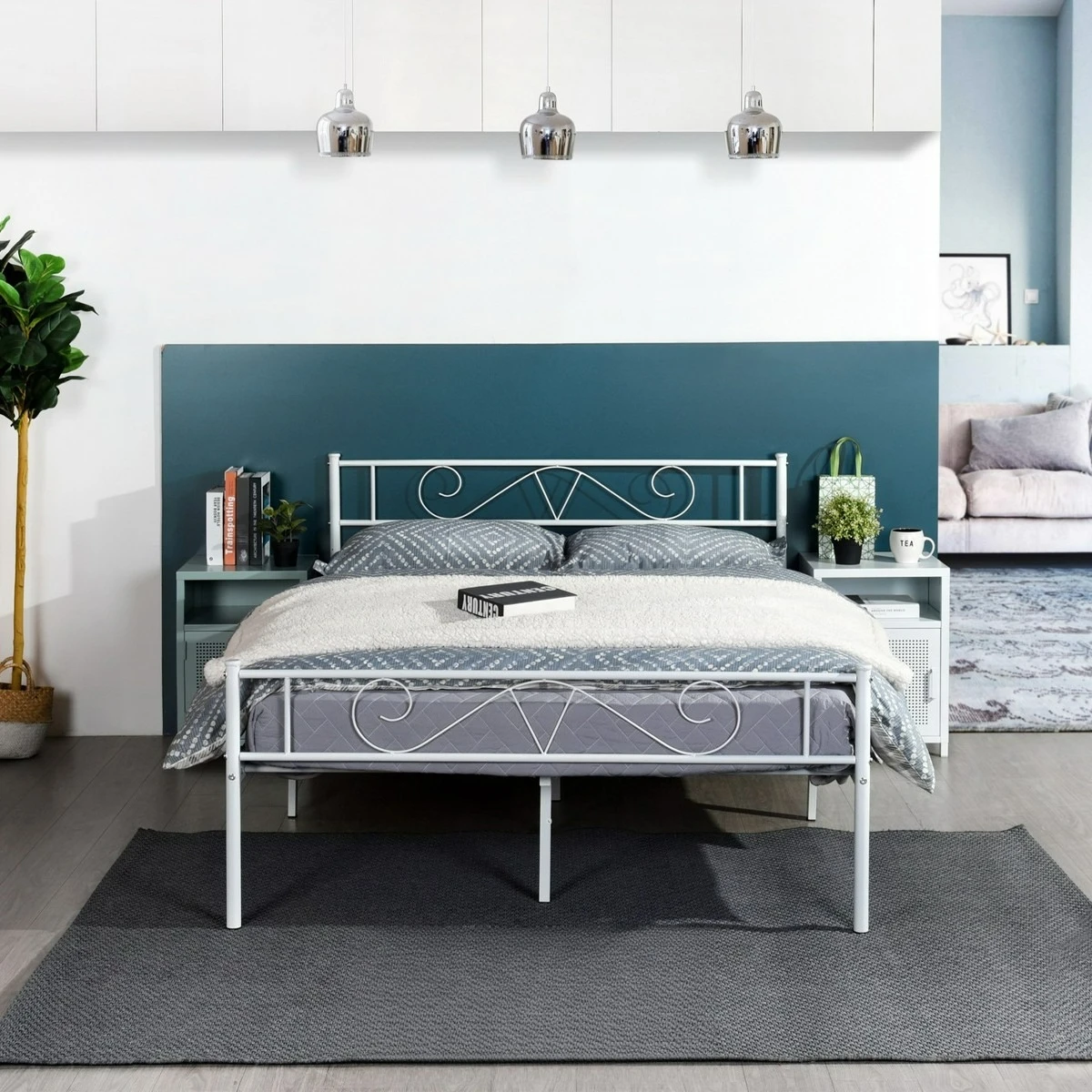 Queen Size Metal Bed Frame Steel with Headboard/Mattress Foundation White