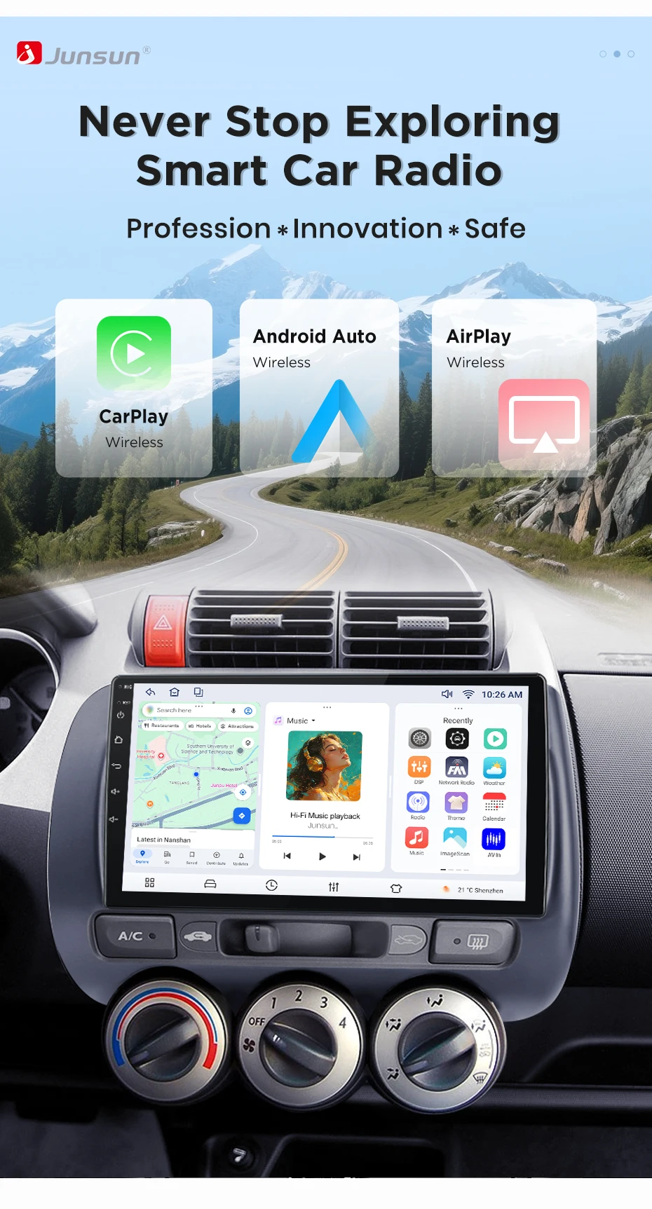 Junsun Wireless CarPlay Android Auto Autoradio für Honda Fit Jazz City 2002-2007 Auto-Intelligentes System DSP SWC RDS GPS FM BT – Detail 1