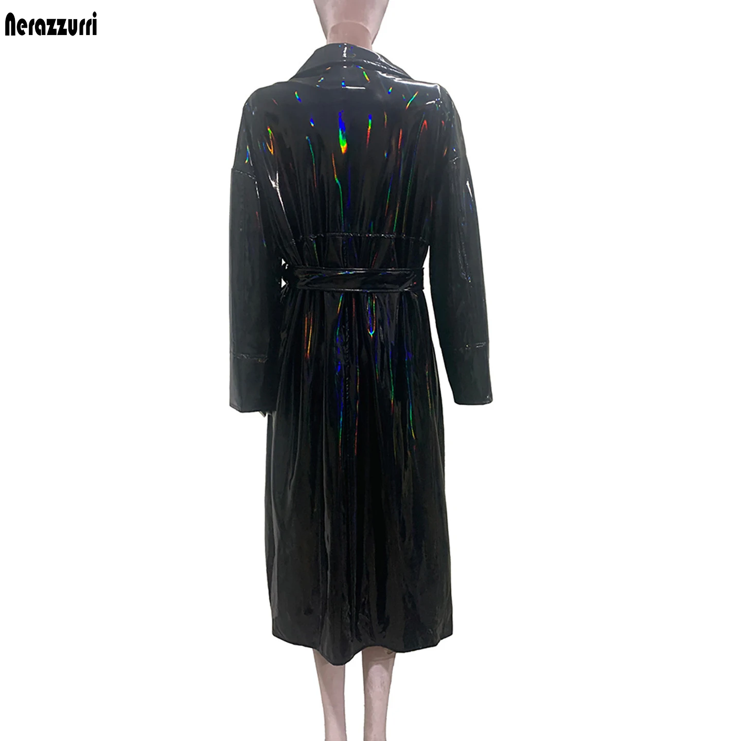 Nerazzurri Autumn Long Soft Shiny Reflective Holographic Black Leather Trench Coat for Women Luxury Designer Clothes Streetwear