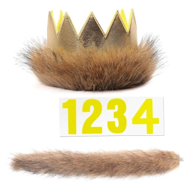 

2Pcs Baby Crown Hat and Matching Tail Set with 1-4 Number Stickers Photo Props for Photoshoots and Birthday Parties