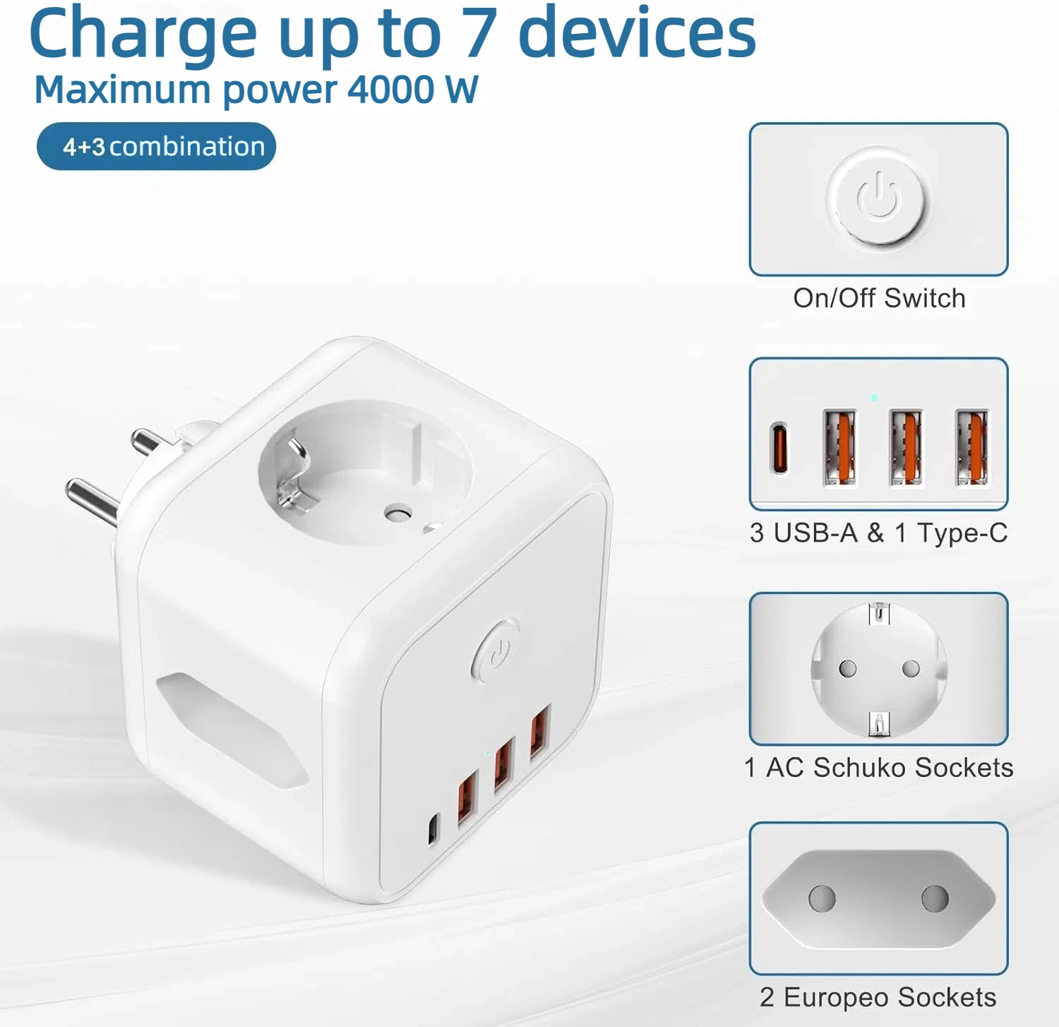 مقبس توسيع متعدد الوظائف 7 في 1 مع شحن سريع 3USB-A+1Type-C، يجب اقتناؤه للسفر الأوروبي/الألماني #4