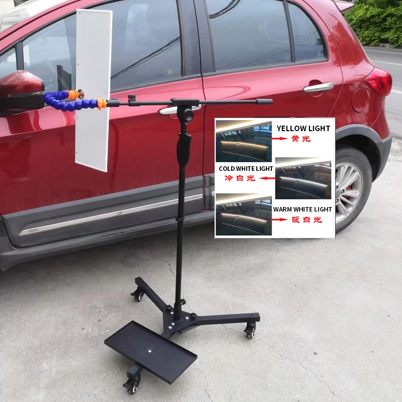 Car dent repair tool, mobile floor stand with wheels, universal joint tube, three-color adjustable headlight pit detection