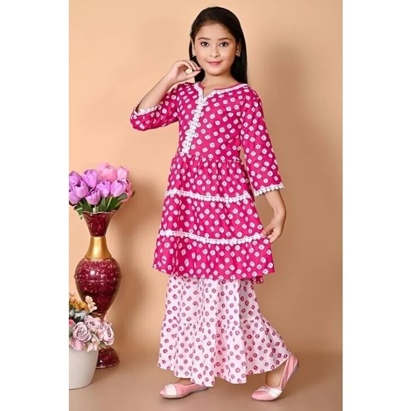 Indian Kids Traditional New Ethnic Beautiful Print Kurta Palazzo Set For Girl