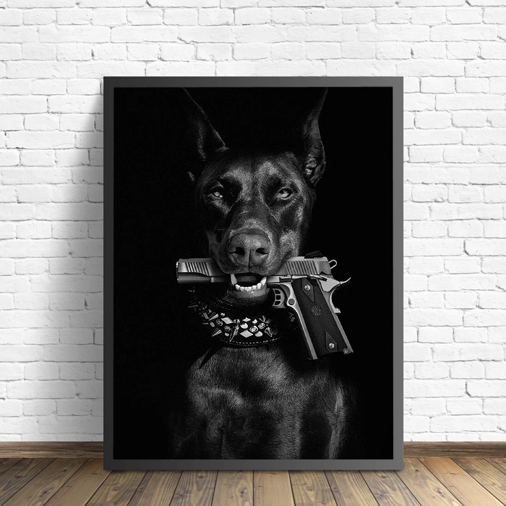 

Modern Black Doberman Dog Canvas Cuadros Gun Luxury Fashion Poster Prints Canvas Painting Nordic Wall Art Picture Room Decor