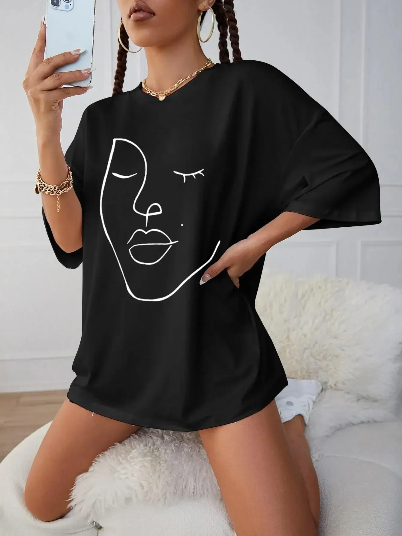 Simple Line Pattern Women\'s Face Printing Tees Cotton Women T-Shirts Casual Soft Short Sleeve Tops Loose Comfortable Clothes