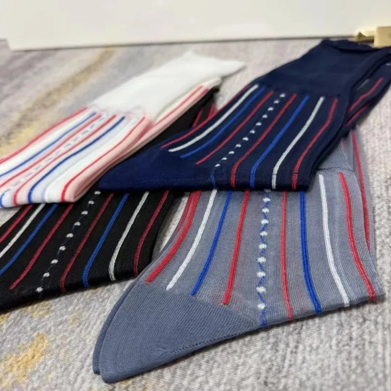 Men Dress Socks Business Suit Transparent Nylon Striped Breathable Thin Classical Mid Tube Socks for Formal Wear Sheer Stocking