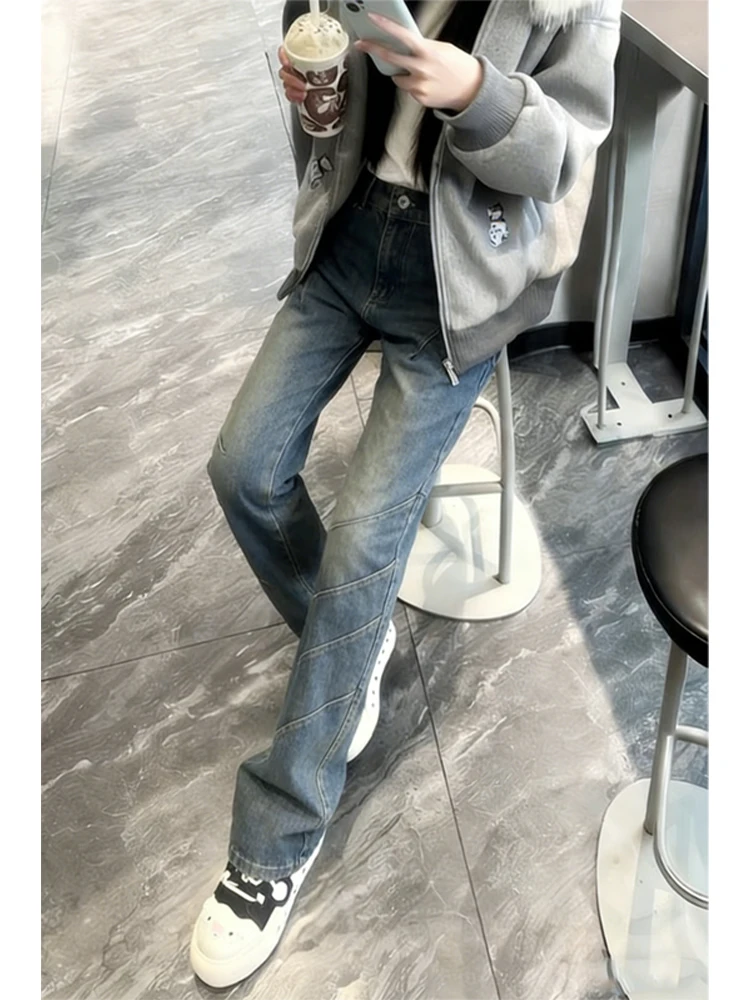 

Мужские джинсы-клеш Waed Blue для подростков, прямые брюки в стиле High Street, рабочие брюки, американские джинсы с высокой талией и отворотами