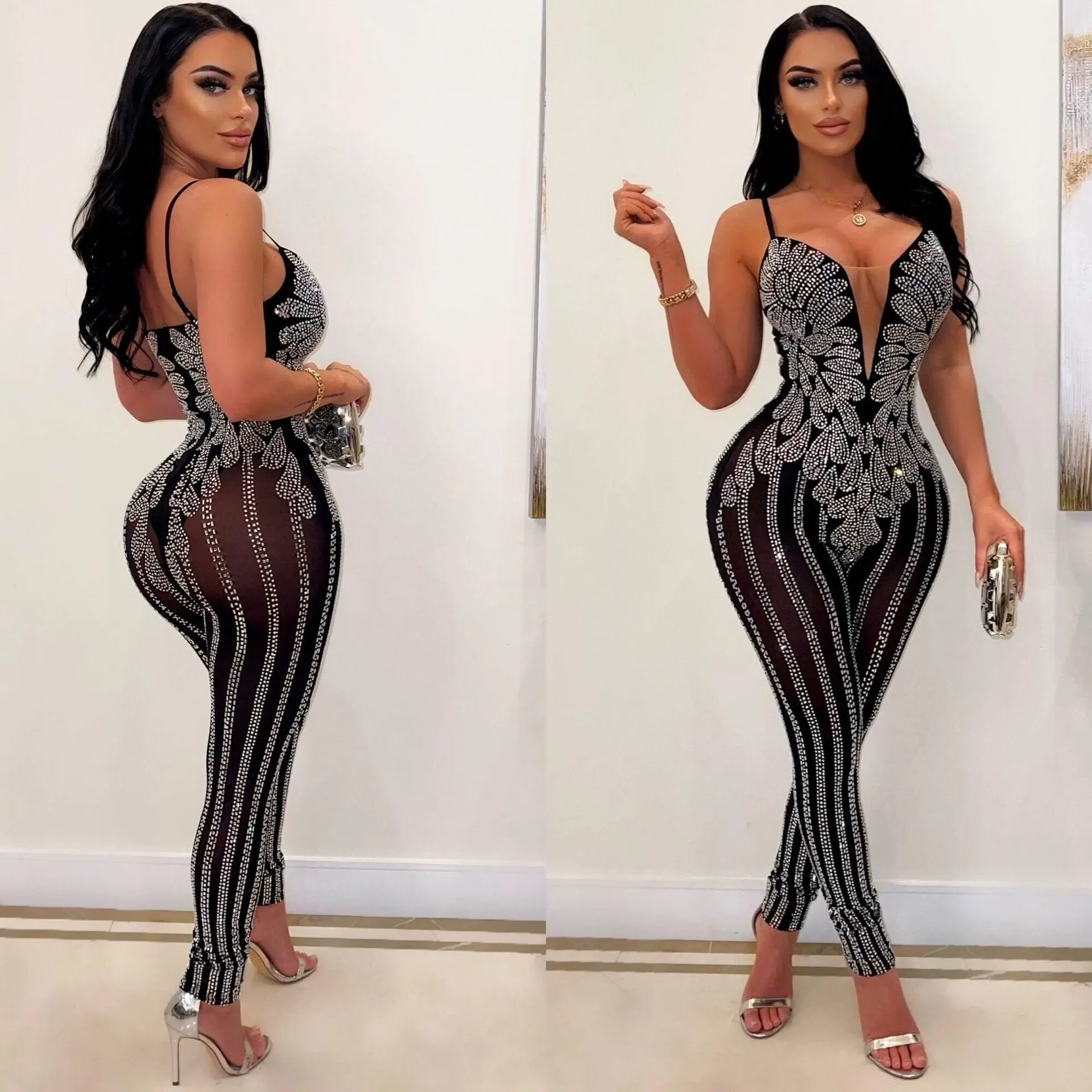 Sexy Nightclub Party Party Club Prom Slimming Hot Rhinestone Halter Jumpsuit