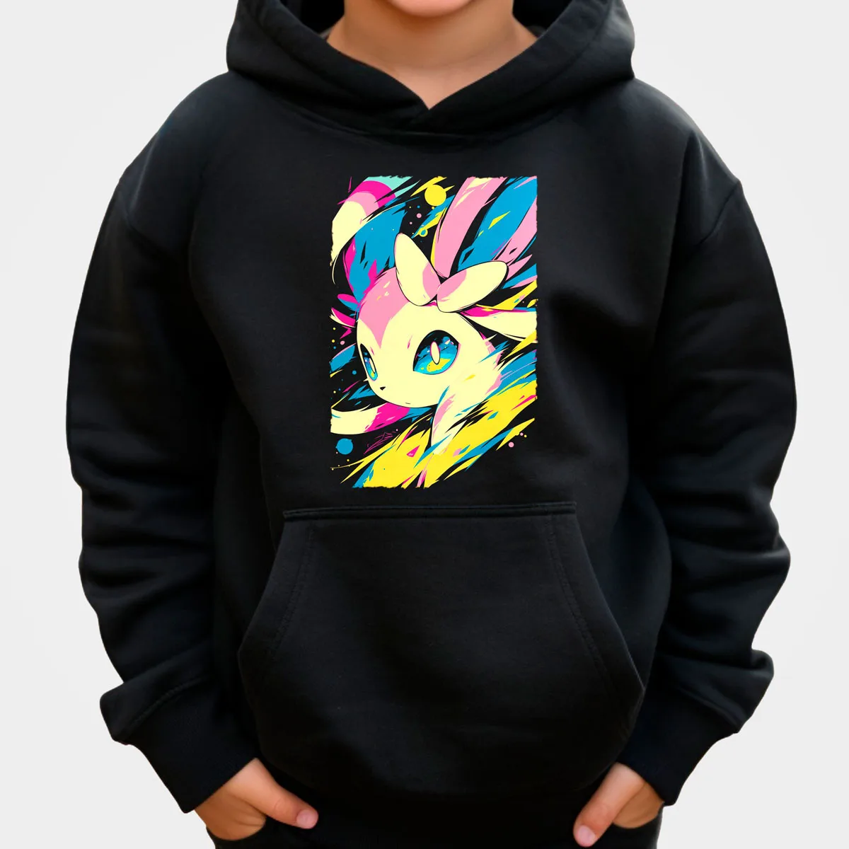 Sudadera con capucha de algodón de Anime Pokemon, Color negro con estampado de personajes de salpicaduras en rosa y azul, ropa de calle informal cálida y holgada para otoño e invierno