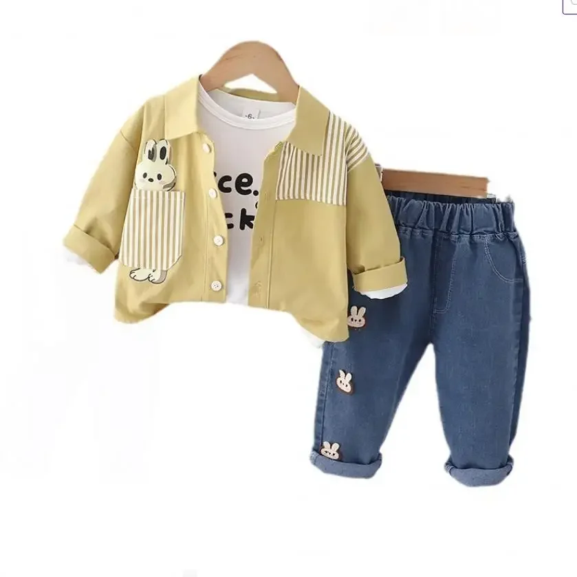 Ensemble de Vêtements de Styliste pour Bébé Fille, Tenue de Style Coréen, Dessin Animé, Poche Lapin, Chemises Décontractées, Économie, Jeans, Survêtements pour Enfants, 3 Pièces