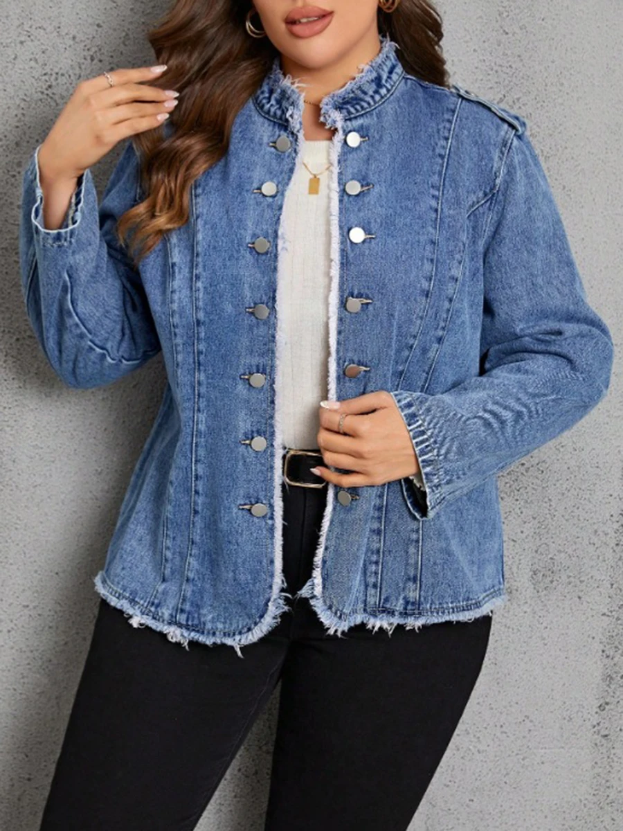 Women Plus Size Denim Jacket Solid Color Stand Collar Long Sleeve Button-Down Jeans Jacket Fall Coat Outerwear