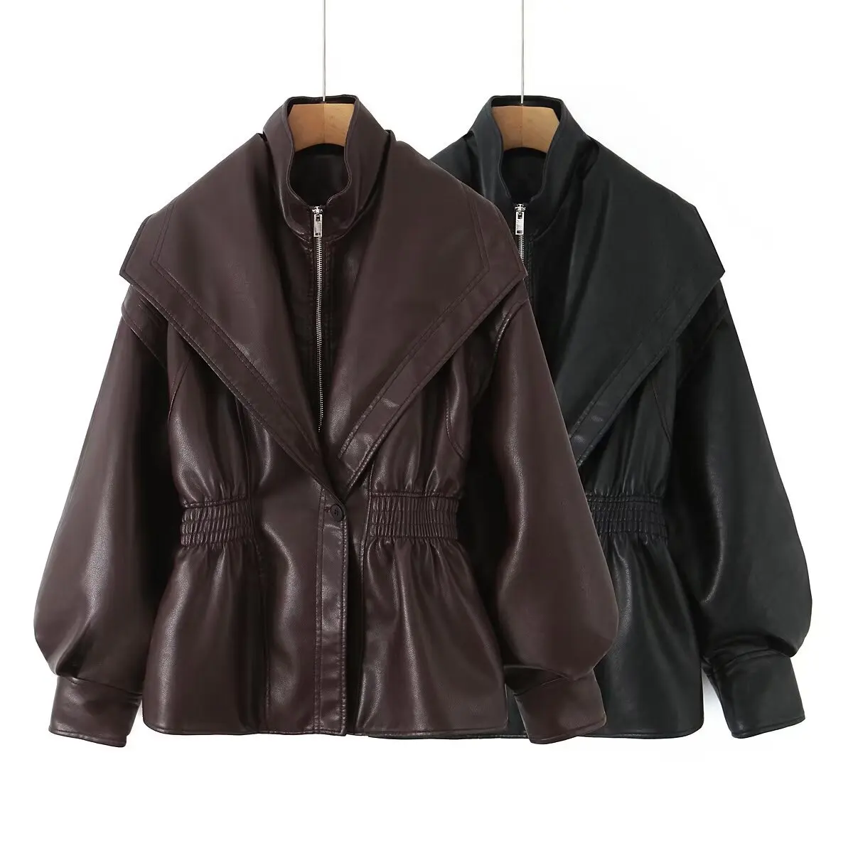 المألوف شيك جديد الخريف سترة الرجعية التلبيب بولي Leather الجلود سستة معطف تنوعا أنيق عادية كول ملابس خارجية الملابس النسائية