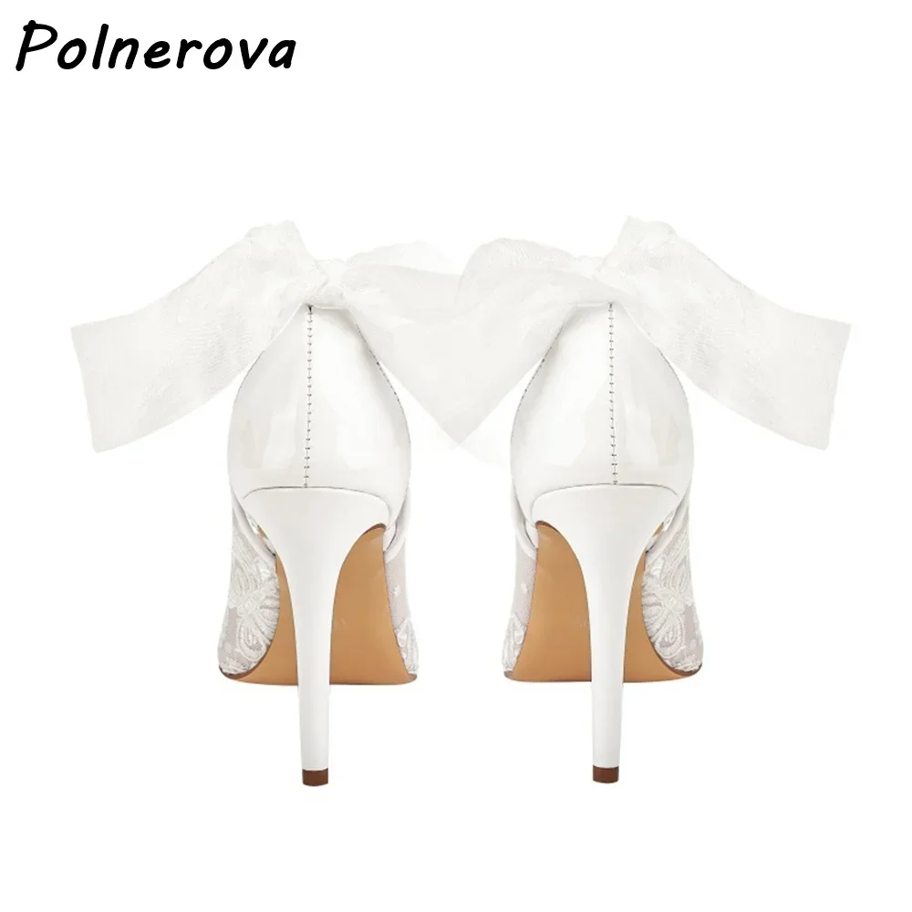 تنفس الانحناء الزفاف مضخات الدانتيل الأبيض فراشة عقدة جوفاء رقيقة الكعوب أحذية أنيقة 2025 المرأة فستان صيفي أنيق الأحذية #5
