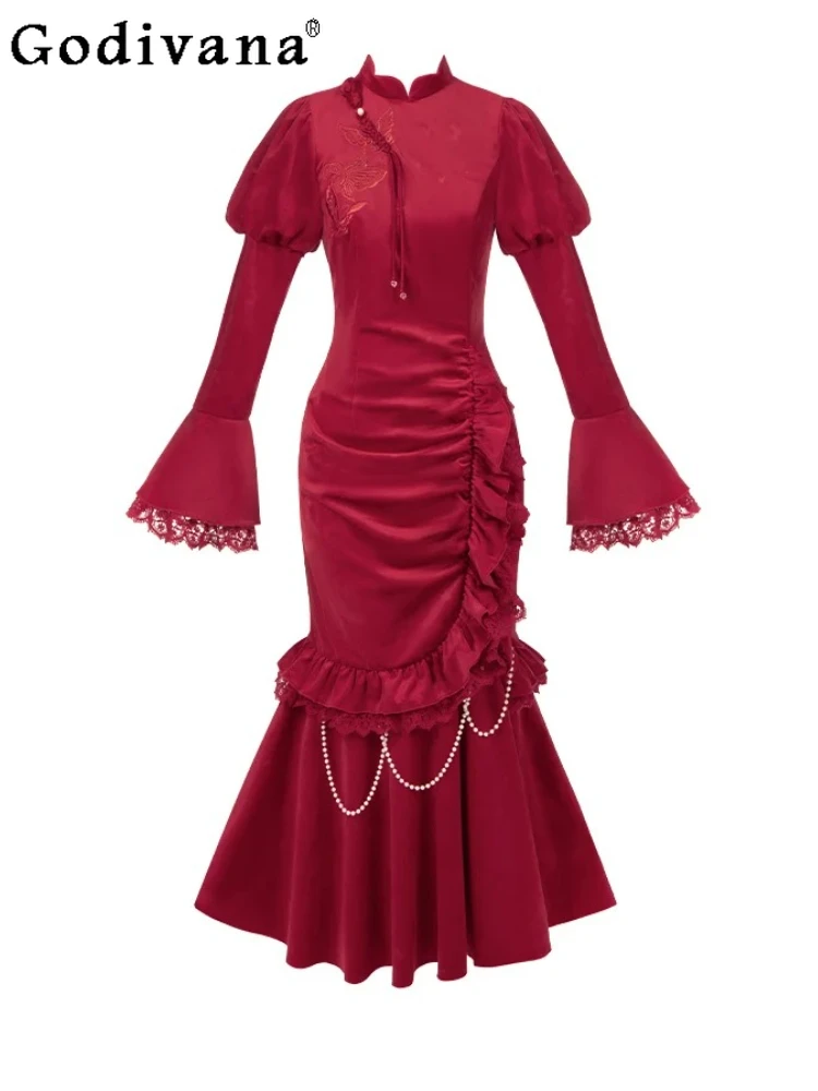 

Autumn Winter Chinese Long Flare Sleeve Velvet Christmas Fishtail Dress Girl Butterfly Embroidery Stand-up Collar Lolita Dresses