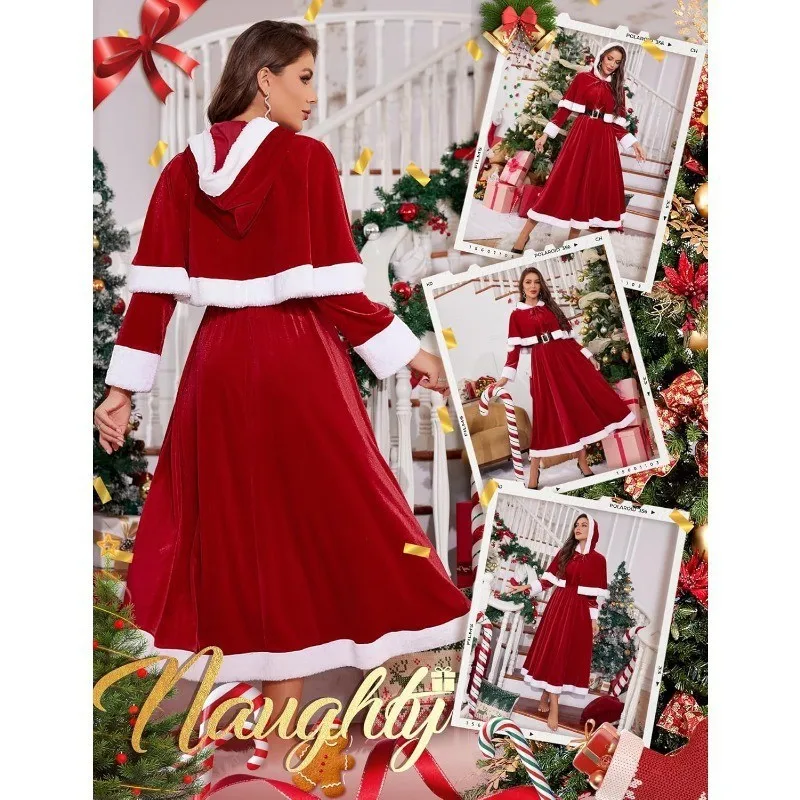Weihnachtsthema Damen Maxikleid mit Kapuze, Festliches Party-Performance-Kostüm, Rot-Weißer Gürtel, Cosplay, Weihnachtsfeier, Erwachsenen-Abendkleid – Detail 5