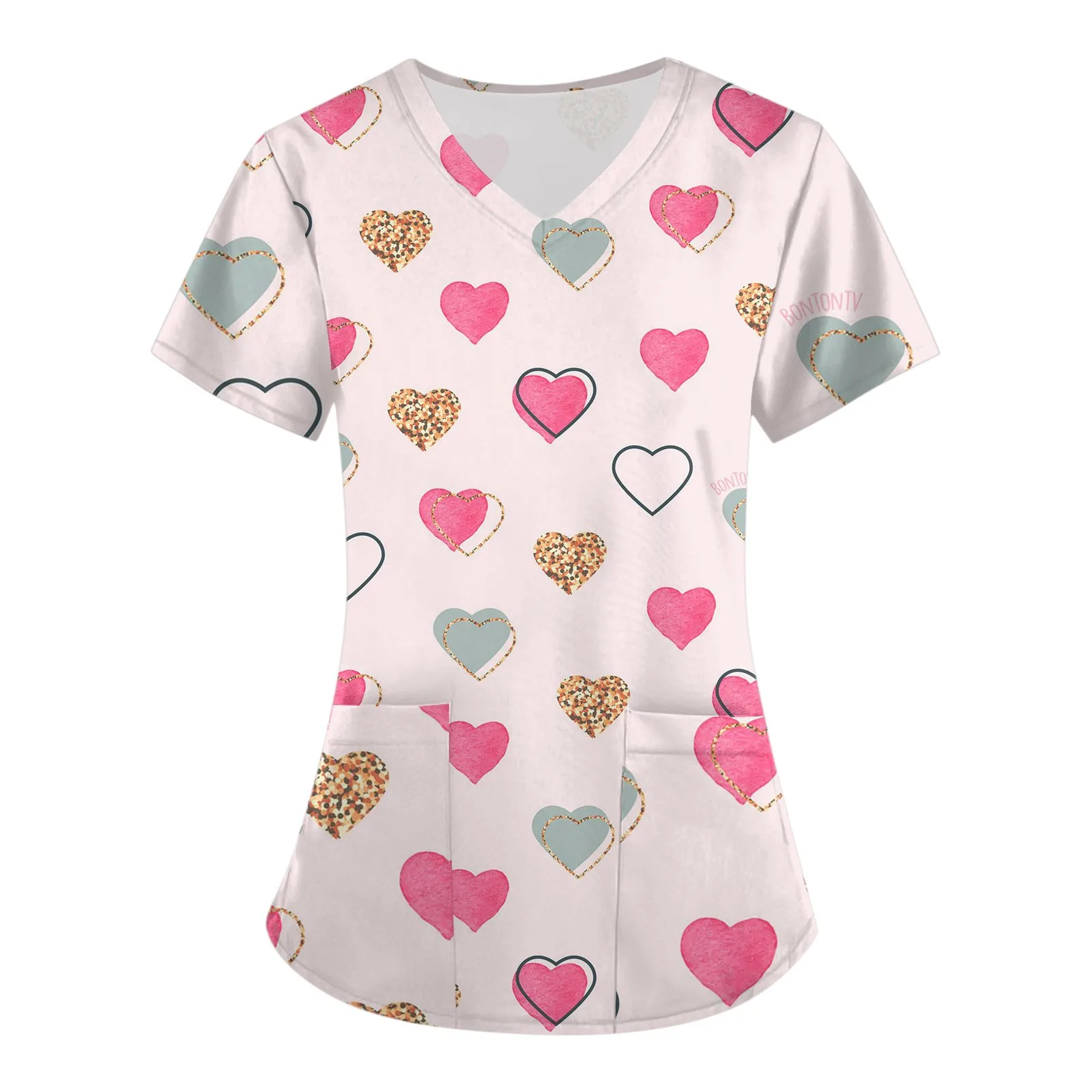 Valentine'S Day Hearts Printed Clothing Tops Women V-Neck Short Sleeve Working Tops Nurses Tunic Uniform Pocket Blouse