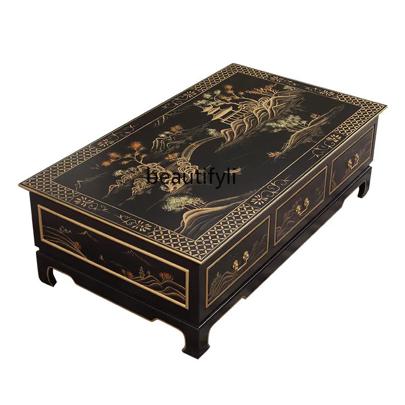 

New Chinese Style Black Painted Landscape Painting Square Tea Table Living Room Rectangular Storage Tea Table