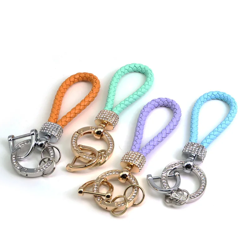 New Hand-woven Leather Rope, Car Keychain Pendant, Diamond-encrusted Key Ring, Anti-lost Bag Parts & Accessories