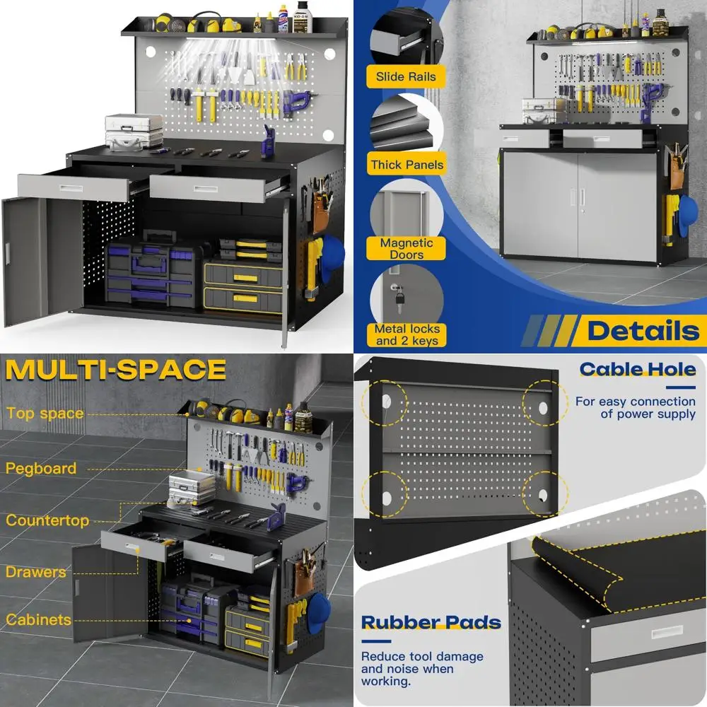 منضدة عمل شديدة التحمل بسعة 2000 رطل مع أدراج وتخزين وإضاءة ولوح بيجب لاستخدام الورشة الصناعية #1
