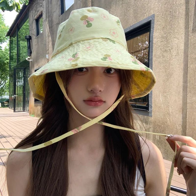 Korean Version of Sweet Floral Double-sided Bucket Hats Summer Travel Sun Protection Versatile Show Face Small Strap Women\'s Cap