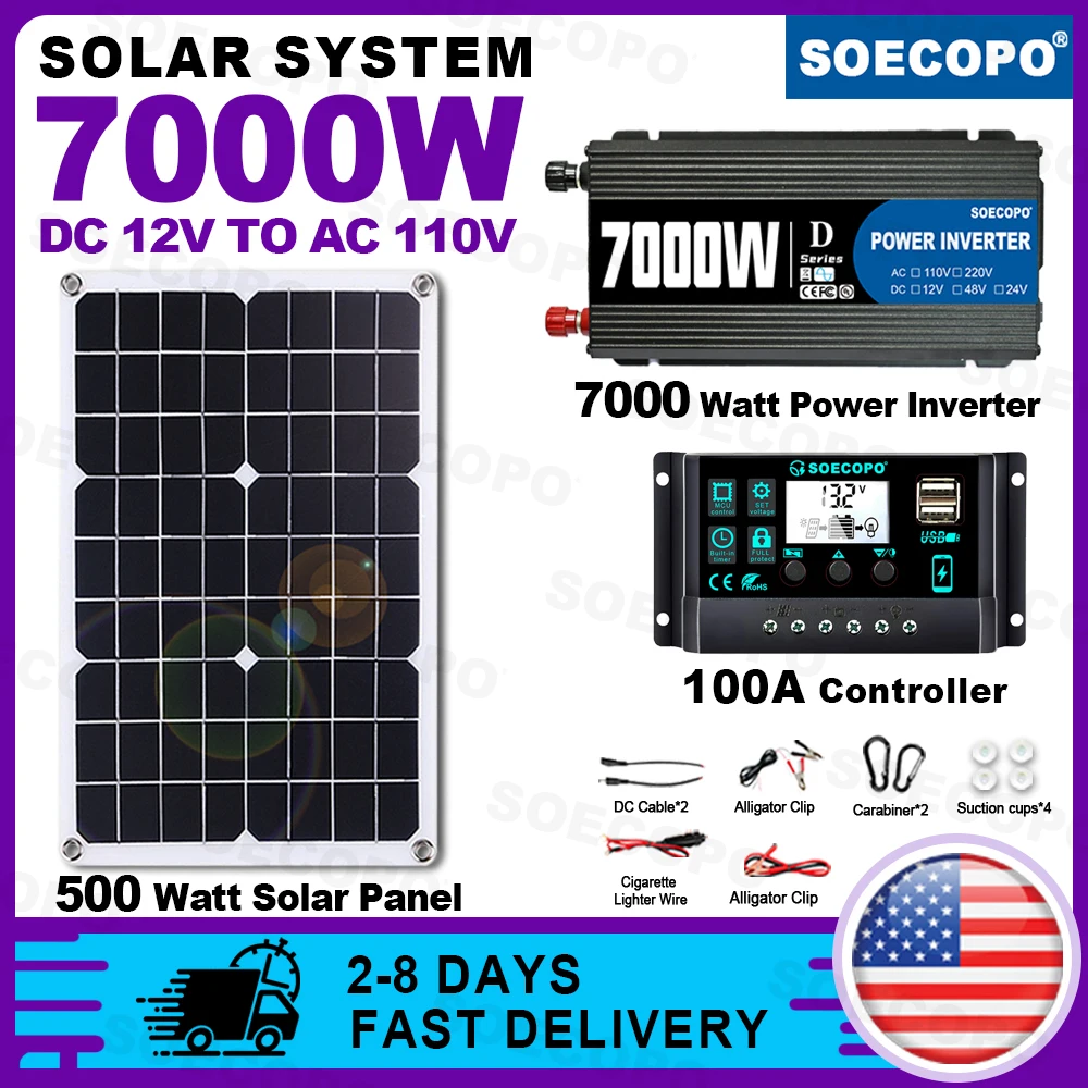 (الأسهم الأمريكية) SOECOPO 7000 واط مجموعة المولدات الشمسية 500 واط لوحة و 100A تحكم المزدوج الناتج 12 فولت إلى 110 فولت العاكس للتخييم RV المنزل
