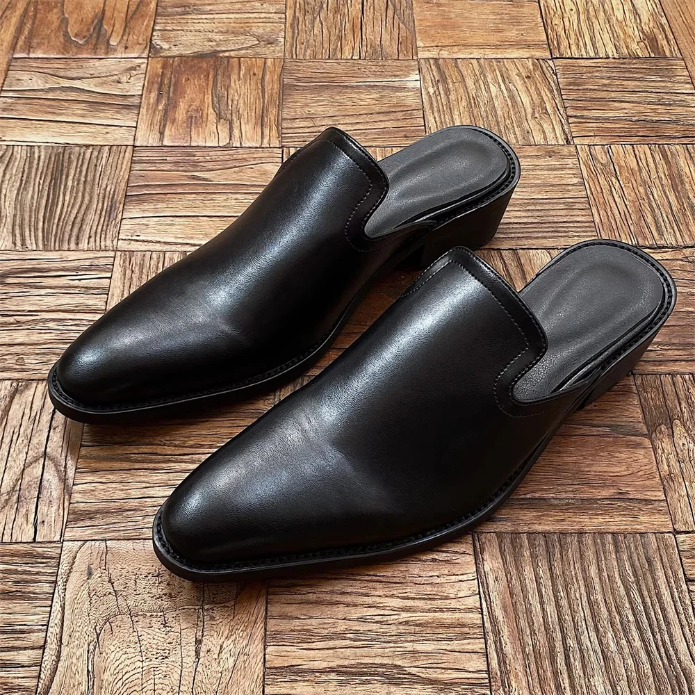 Summer New Style Baotou Slippers Mueller Shoes Men Pointed Toe Thick Sole Sip On Leather Outside Casual High Heel Mules