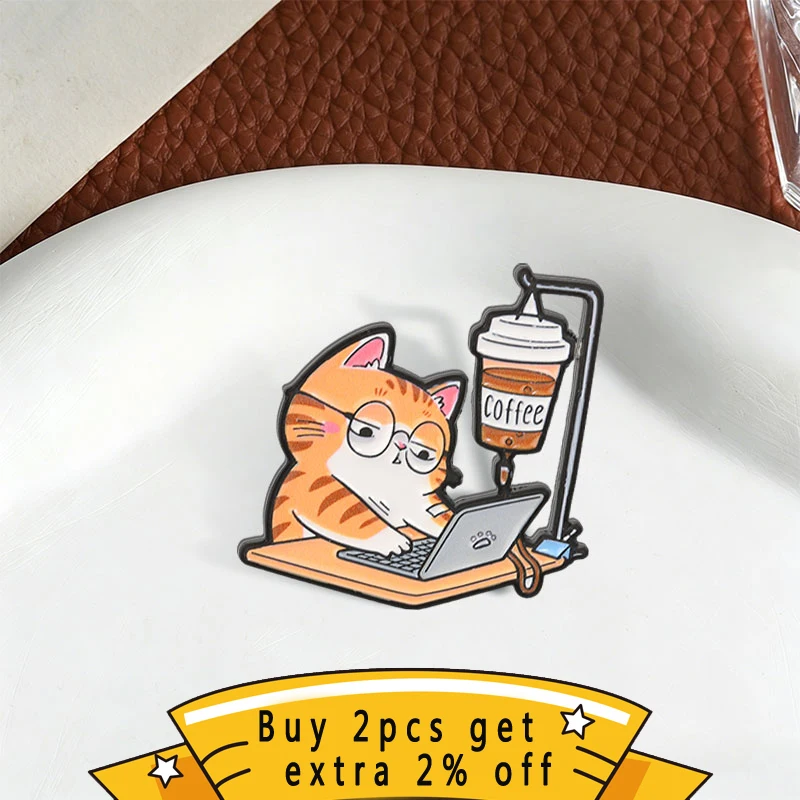 Funny Coffee Cat Enamel Pin, Tired Office Worker Kitten Brooch, Fashion Accessory, Gift for Coffee and Office Workers