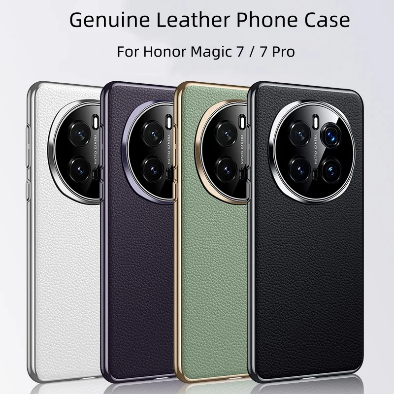 

Vintage Genuine Leather Case For Honor Magic 6 7 8Pro Business Cover Electro-Ceramic PC Frame Lychee Texture+Lens Protector