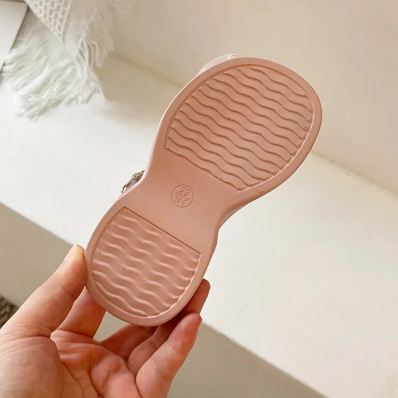 Kinder Ronde Neus Kanten Strik Antislip Zachte Zolen Prinses Sandalen Rijst Wit En Roze, Meisjes 2024 Zomer Nieuwe Mode Sandalen