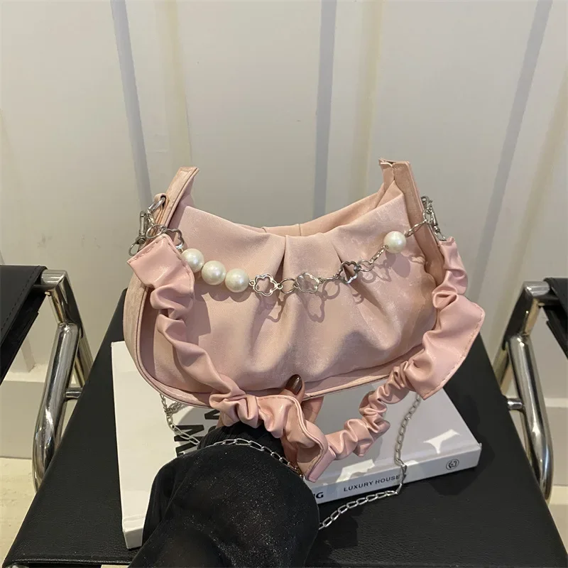 

Beaded handbag niche design chain messenger bag pleated underarm bag