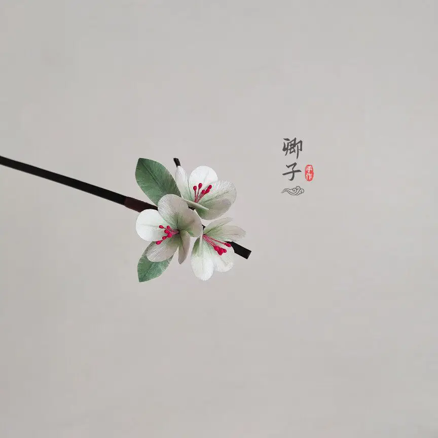 Small Pear Blossom Bamboo Velvet Flower Hair Stick, Handmade Daily Hanfu Cheongsam Hairpin