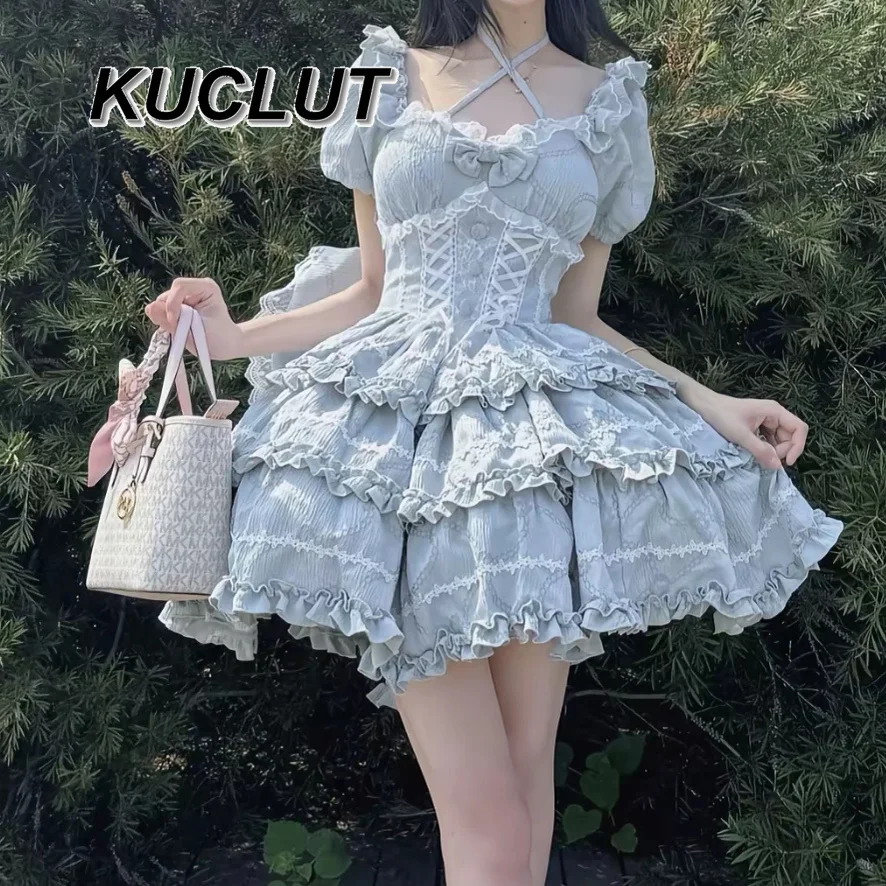 

2025 Summer Lolita Big Bow Lace Elegant Lace-up Slim-fitting Short-sleeved Dress Fashion Sweet Cute Op Princess Dresses