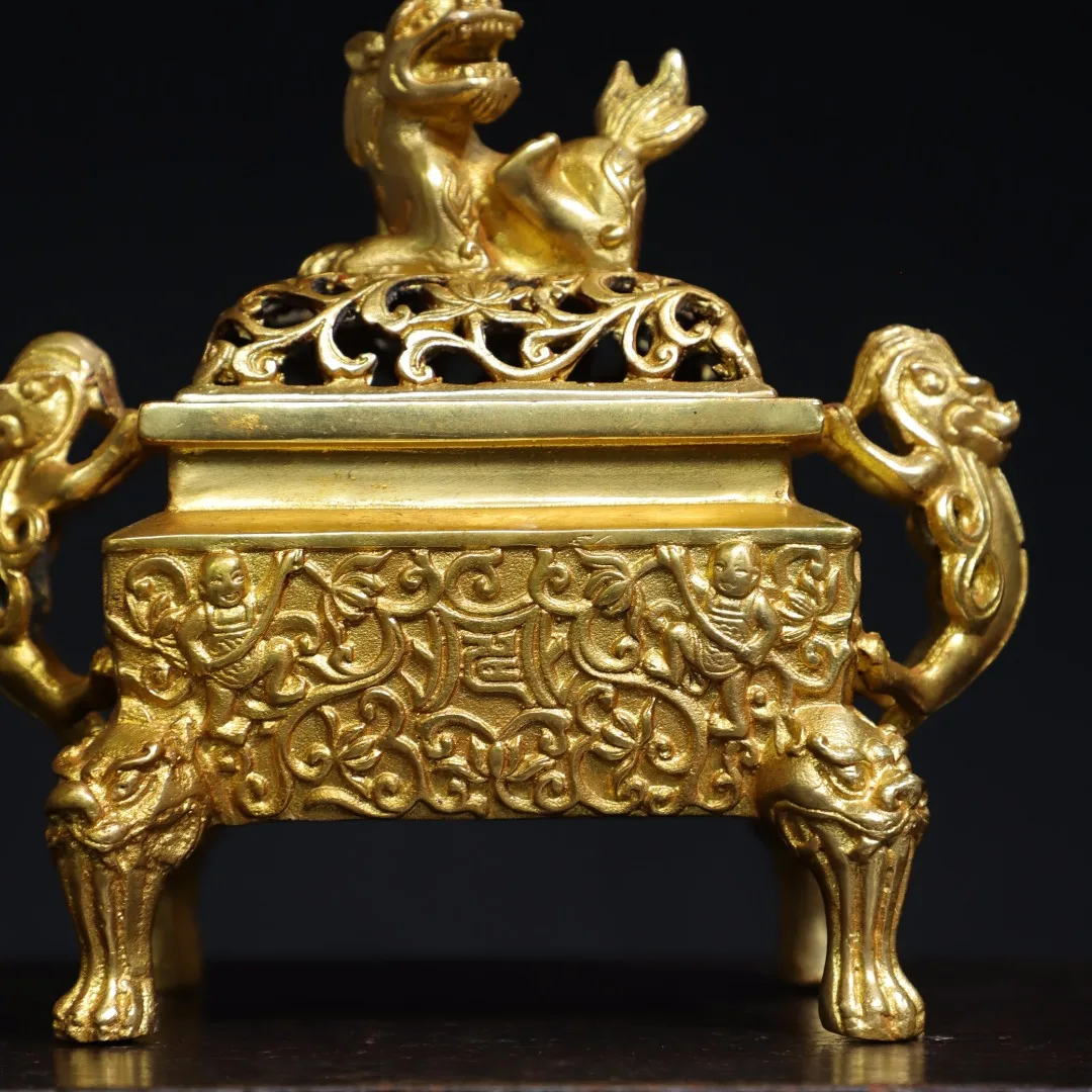 Antique Treasure Copper Gilded [Lion Cover] Incense Burner Height 15cm, width 15cm, thickness 7cm, caliber 8cm, weight 0.91kg.