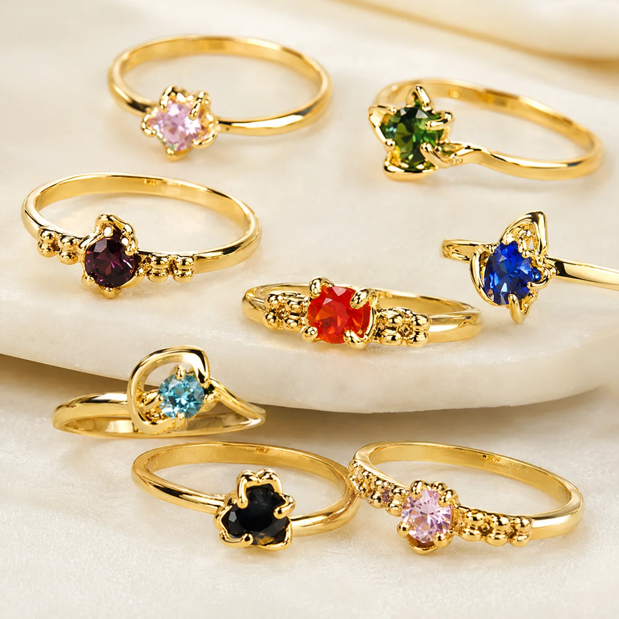 50Pcs Trendy Gold Plated Rings For Women Her - Multi Color Gemstone Stackable Rings, Bulk Fashion Jewelry for Resale