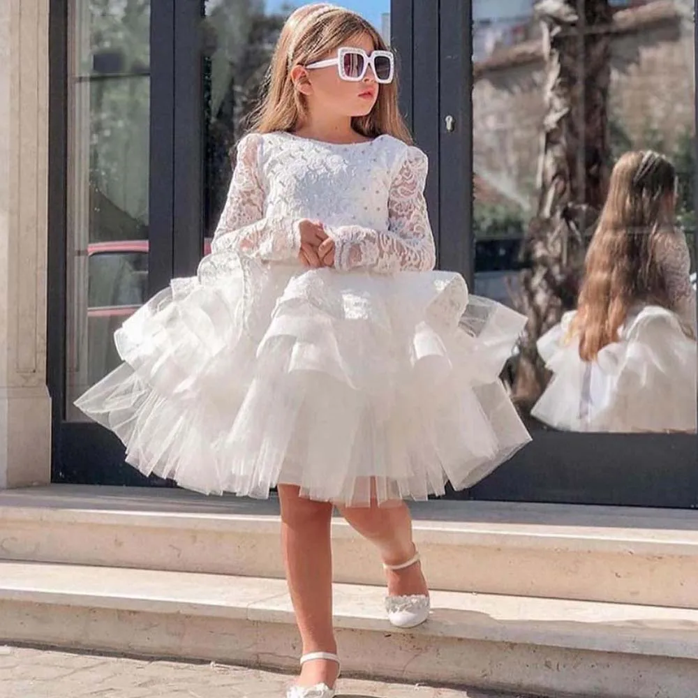 

2023 Puffy Ivory Flower Girl Dresses For Wedding Lace Tulle Ruffles Cute Princess Wedding Party Kids Birthday Ball Gowns